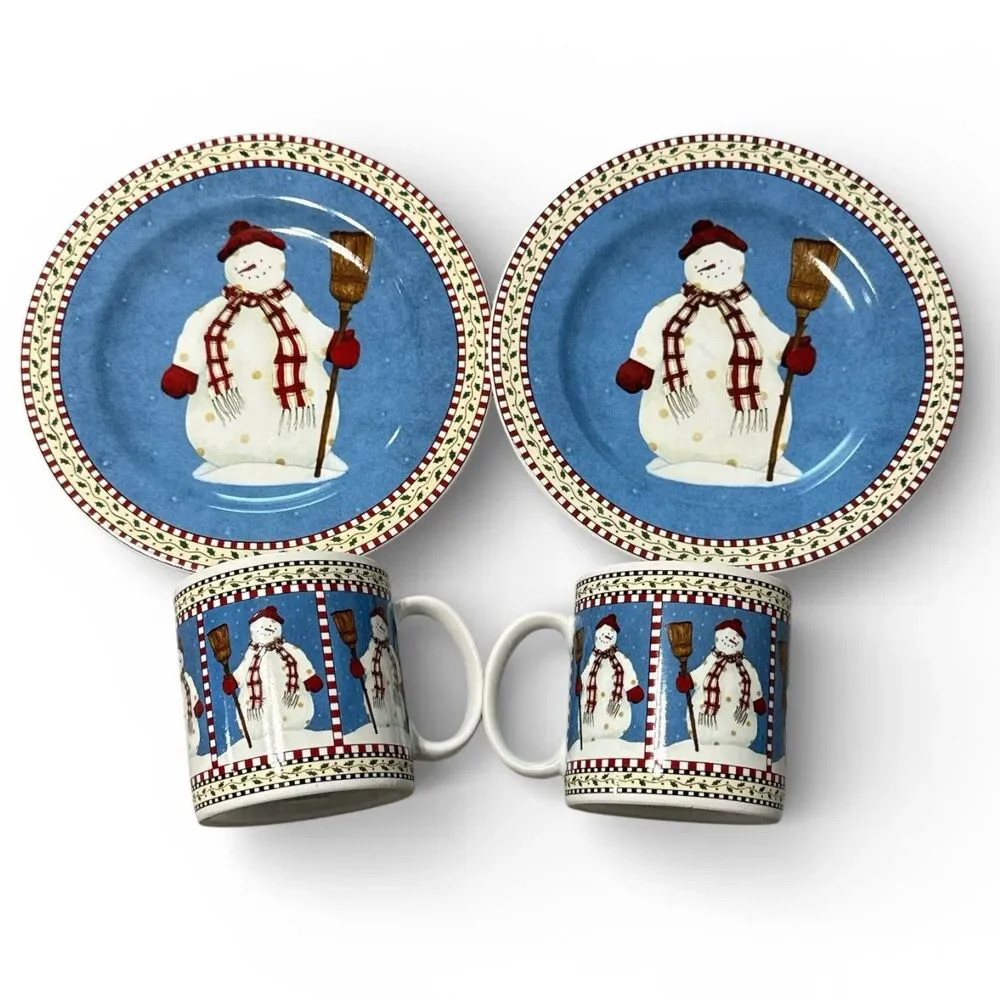 Vintage Debbie Mumm Sakura Snowmen Coffee Mug And Salad Plate Set